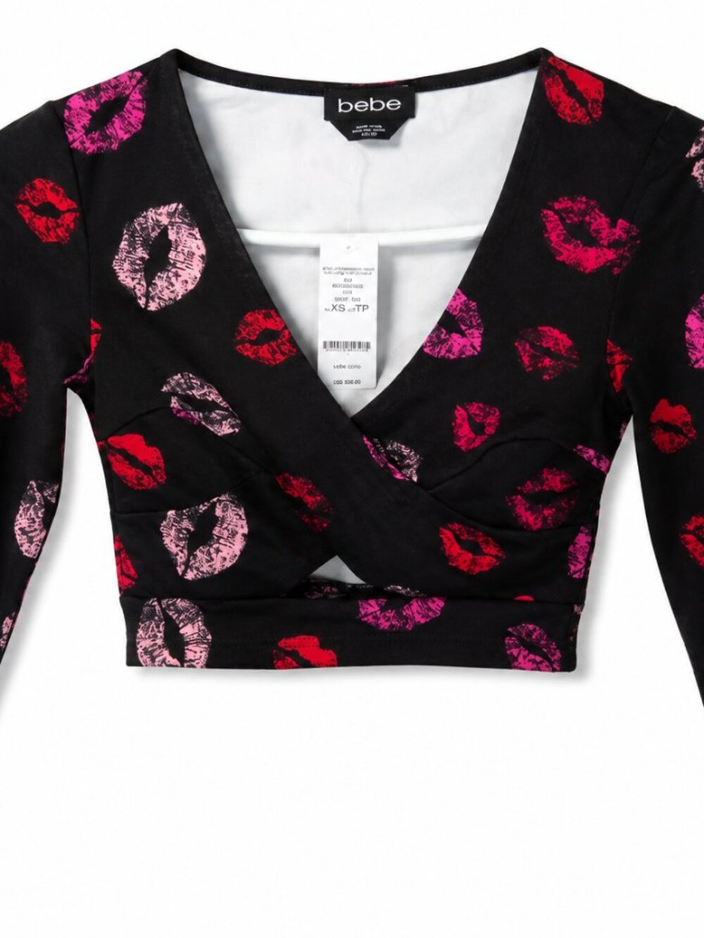 bebe Women’s XXS Black Lip Print Long Sleeve Wrap Crop Top